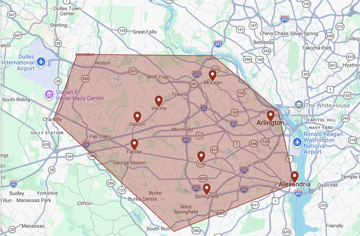 SCS Heating and Air service area across Northern Virginia — from Herndon and Fairfax through Vienna, McLean, Arlington, Annandale, Springfield and Alexandria